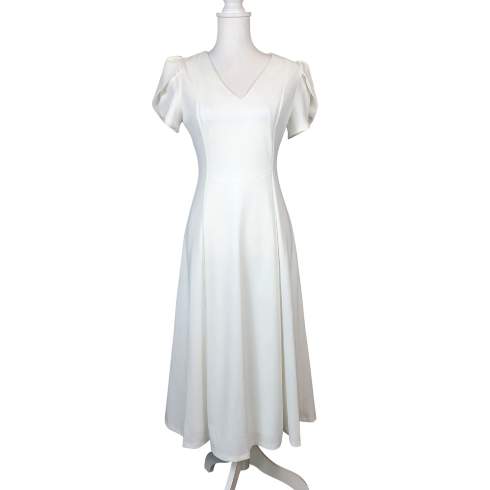 Calvin Klein Graduation Dress Womens 6 Cream Tulip Sleeve A-Line Midi Gold Zip